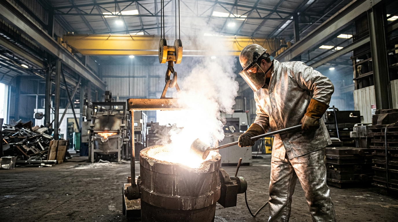 Magnesium treatment of molten iron during ductile iron casting, bright flare visible as ferro-silicon-magnesium alloy reacts in the ladle