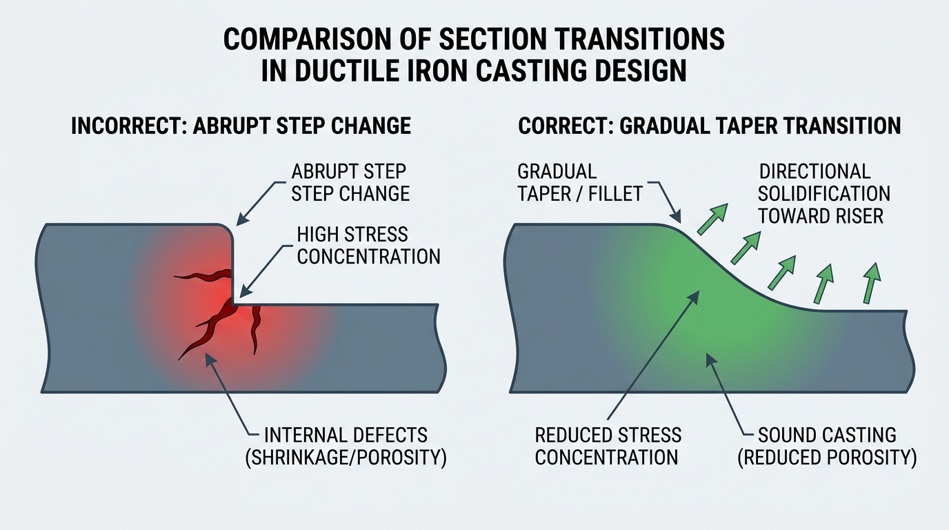 Correct gradual taper versus incorrect abrupt section change in ductile iron casting design, showing hot-spot risk at sharp transitions