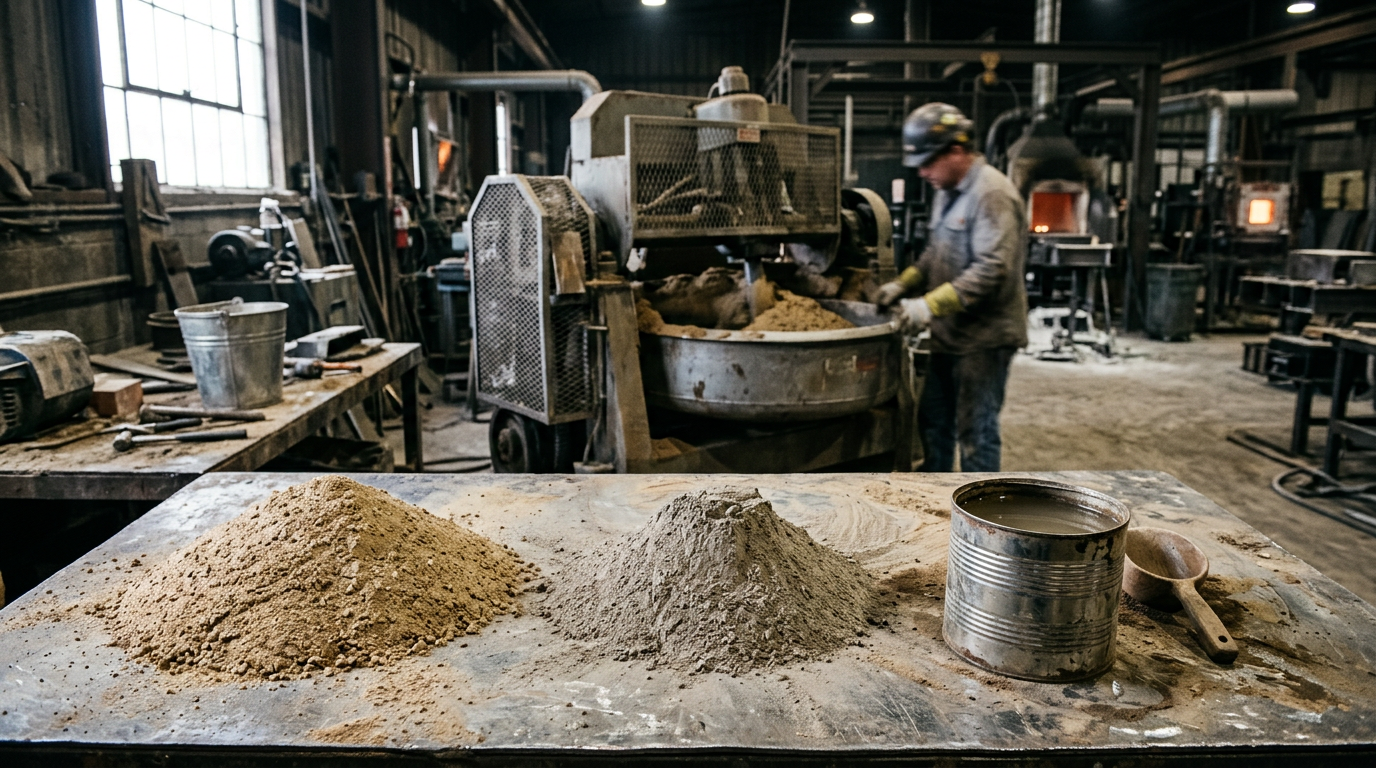 Green Sand Casting: Process, Tolerances, and Design Rules 1 Green sand casting raw materials showing silica sand, bentonite clay binder, and water used in mold preparation