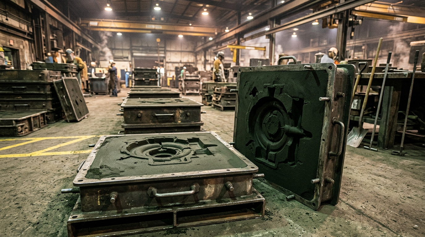 Green Sand Casting: Process, Tolerances, and Design Rules 2 Green sand casting mold split into cope and drag halves showing pattern cavity impression