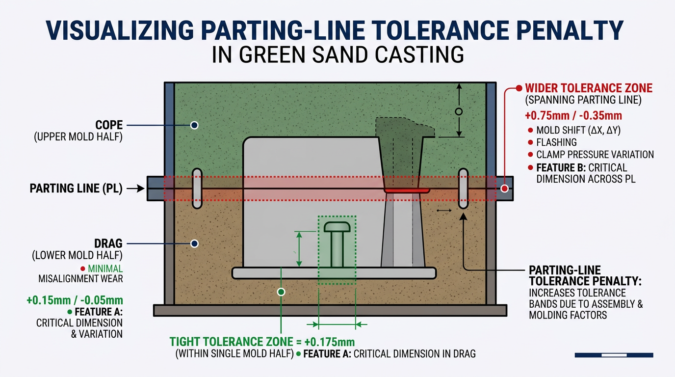 Green Sand Casting: Process, Tolerances, and Design Rules 3 Diagram showing green sand casting tolerance difference between single mold half dimensions and parting line dimensions