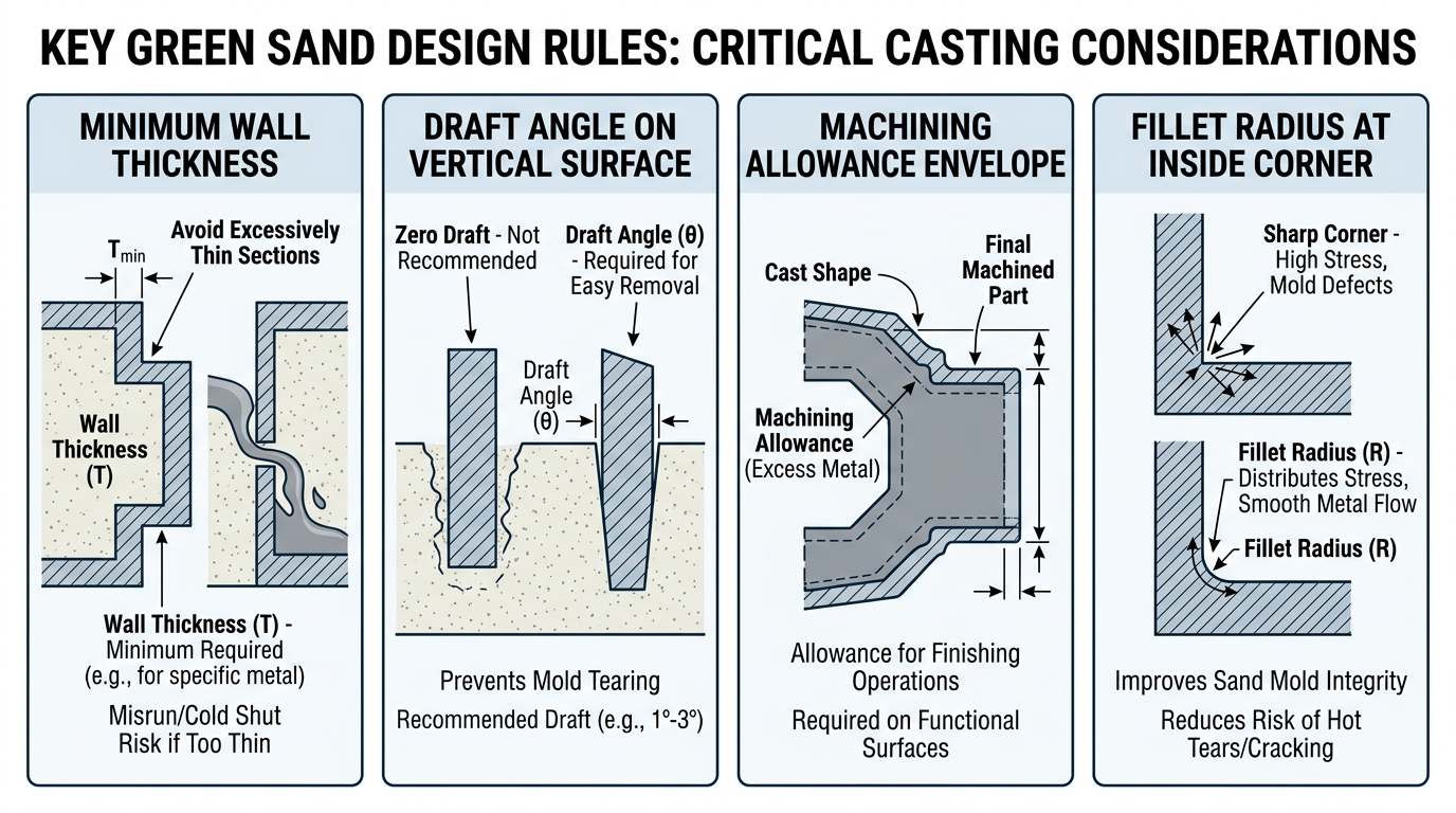 Green Sand Casting: Process, Tolerances, and Design Rules 4 Green sand casting design rules diagram showing wall thickness, draft angle, machining allowance, and fillet requirements