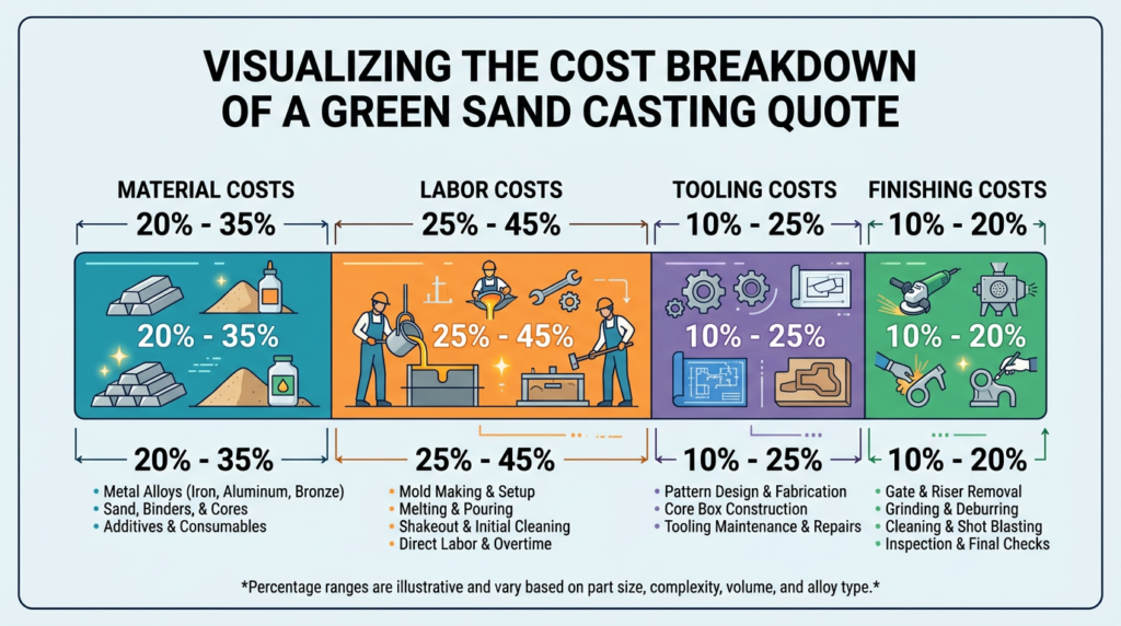 Green sand casting cost breakdown showing material, labor, tooling amortization, and finishing as percentage ranges of total part cost