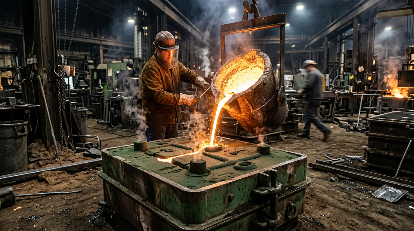 Molten iron poured into green sand casting mold showing gating system where material yield loss affects total cost