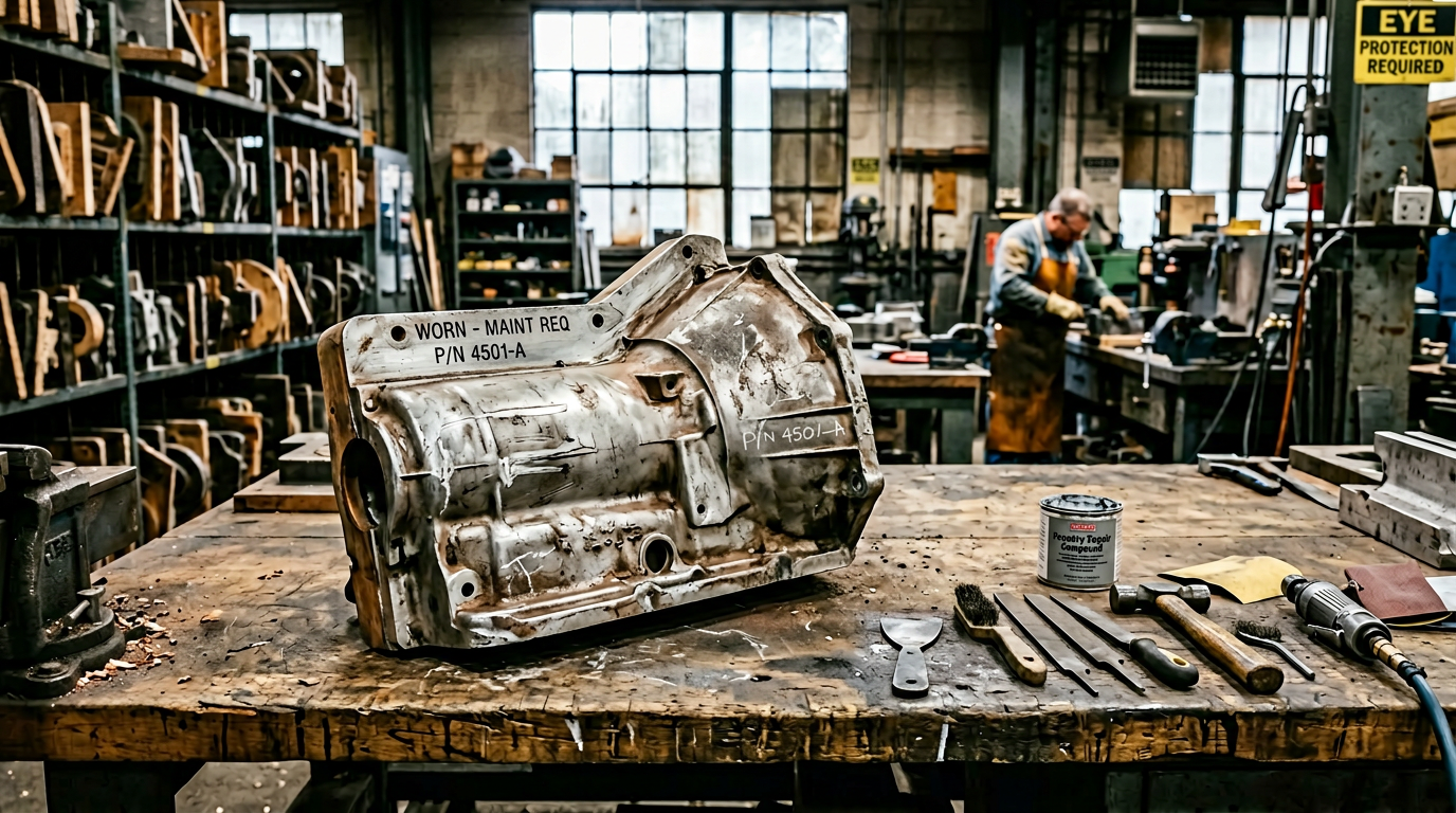 Worn metal casting pattern on workbench illustrating how green sand casting cost increases through tooling maintenance over time