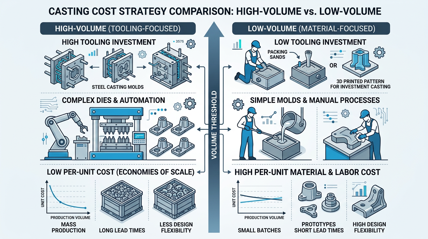 Diagram comparing green sand casting cost strategies at high versus low volume showing when to focus on tooling versus material reduction