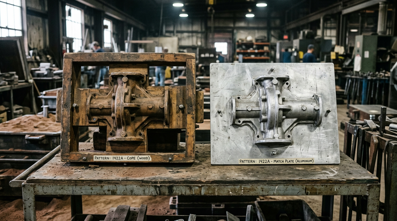 Wood pattern next to metal match plate pattern showing the tooling investment tradeoff in green sand casting cost decisions