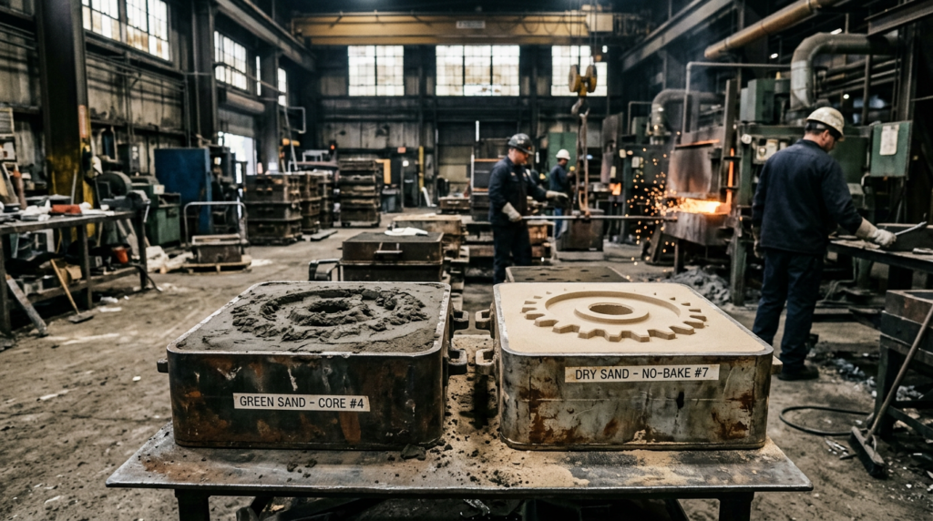 Green sand mold next to dry sand mold showing the moisture and texture difference in sand casting processes