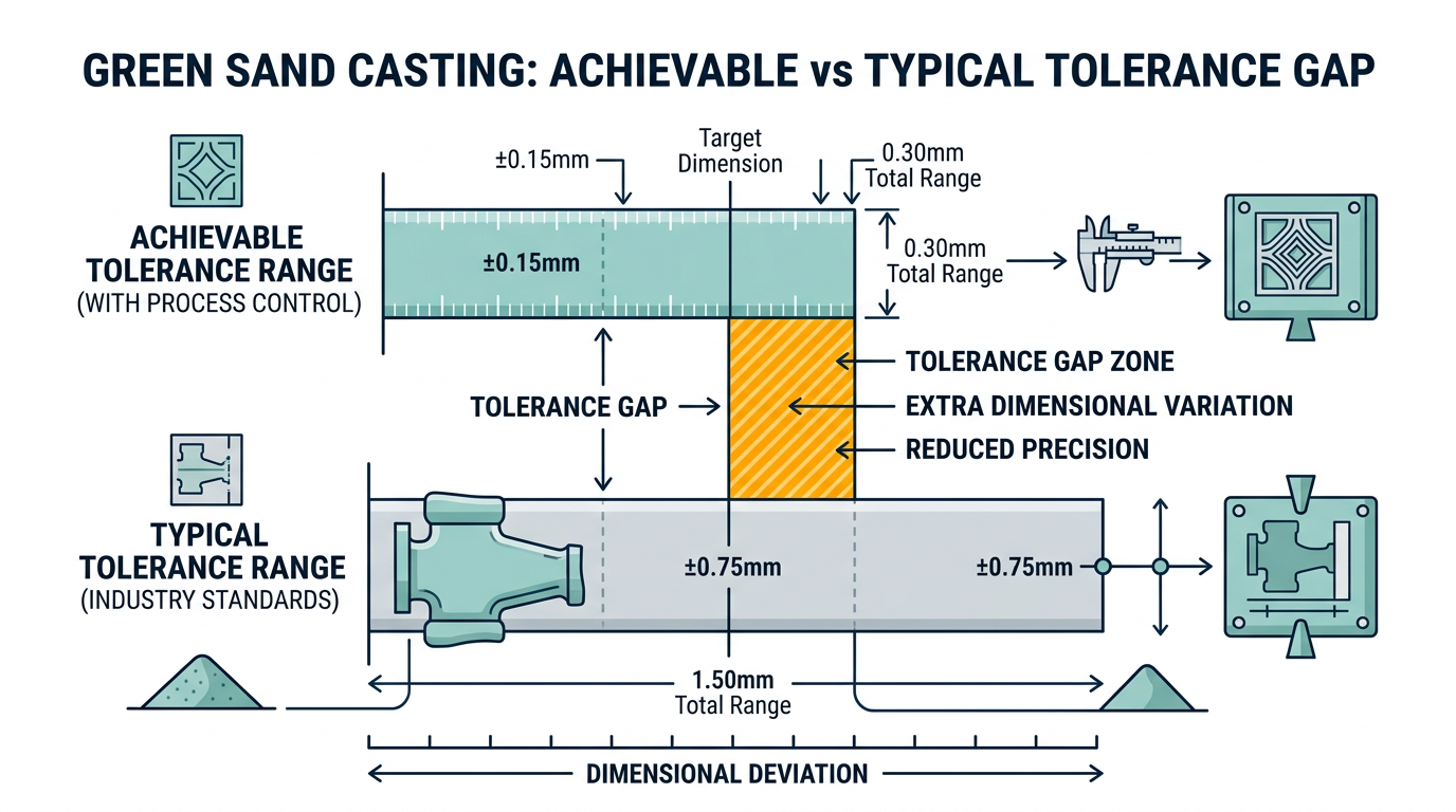 Green Sand vs Dry Sand Casting: How to Choose the Right Process 2 Diagram comparing achievable versus typical green sand casting tolerances showing the process control gap