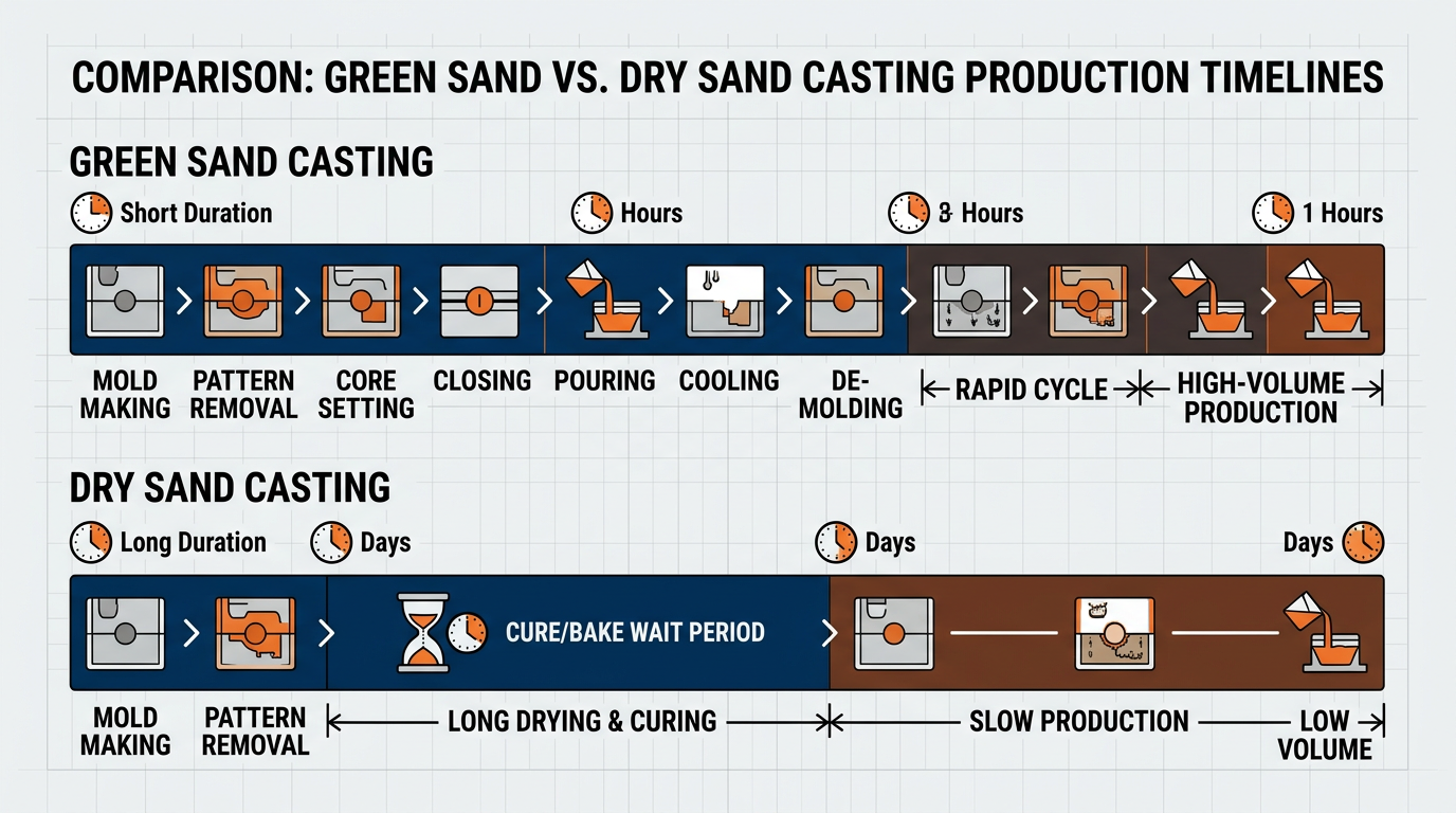 Green Sand vs Dry Sand Casting: How to Choose the Right Process 3 Production timeline comparison showing green sand vs dry sand casting lead time and throughput difference