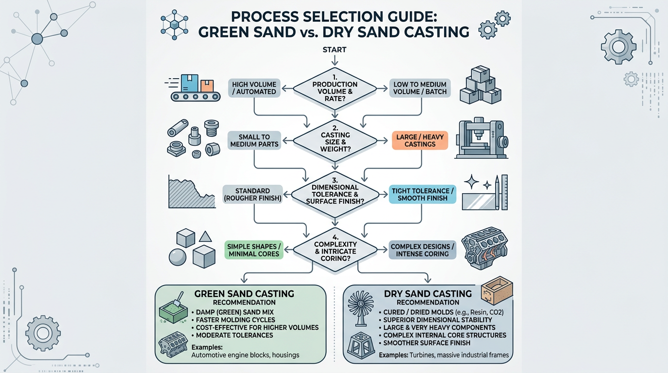 Green Sand vs Dry Sand Casting: How to Choose the Right Process 5 Four-factor selection method diagram for choosing between green sand and dry sand casting based on tolerance, alloy, geometry, and volume