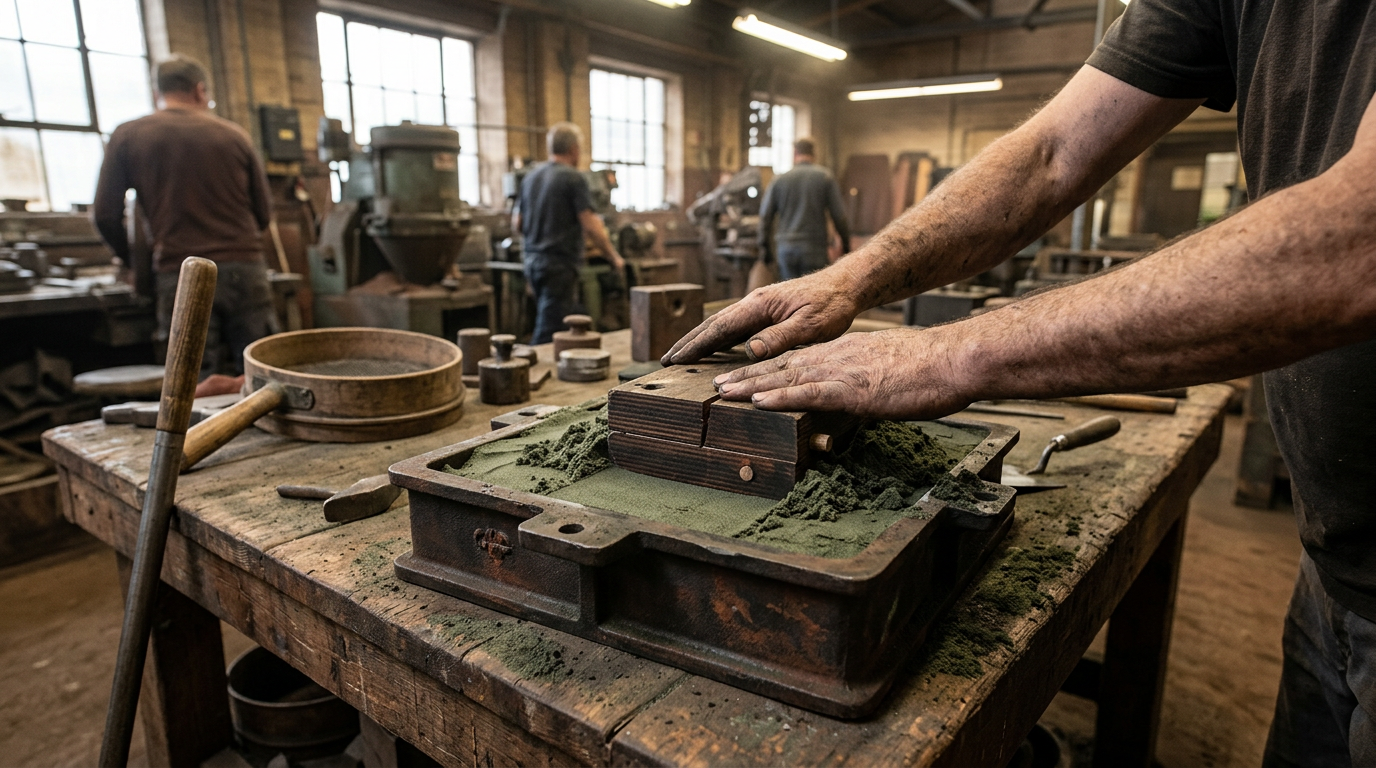 Wood split pattern for casting pressed into green sand mold, showing how the pattern creates the negative cavity