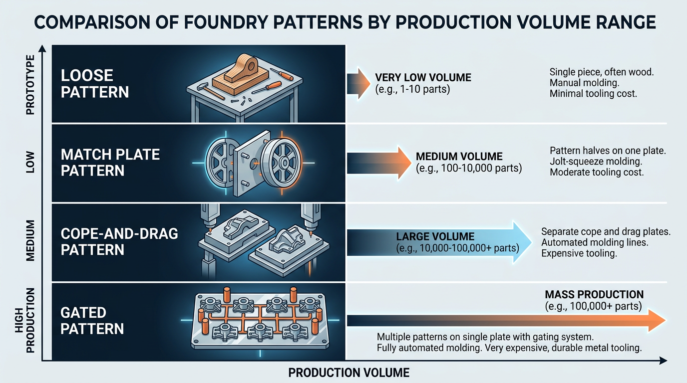 Diagram comparing pattern for casting types by production volume threshold from prototype to high-volume runs