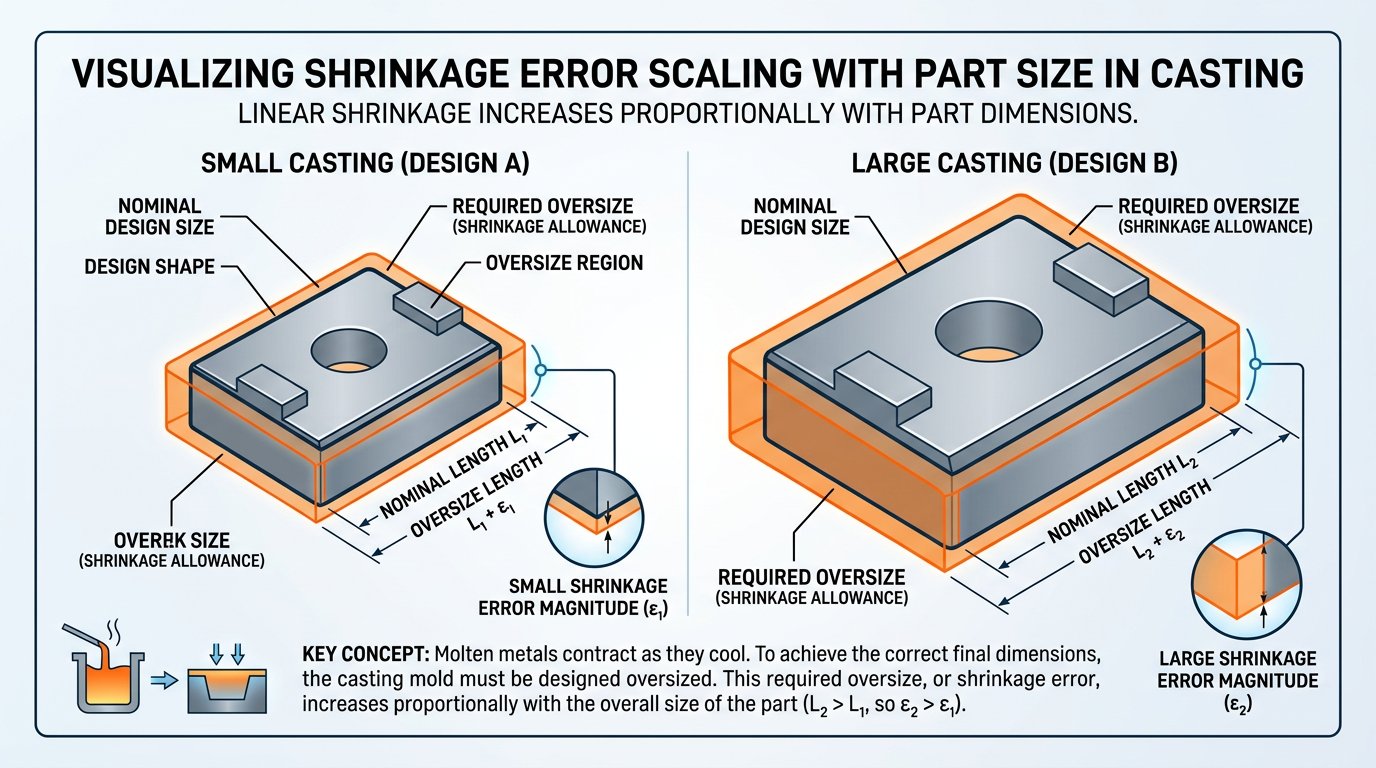 Diagram showing how shrinkage allowance error in a casting pattern scales with part size from small to large dimensions