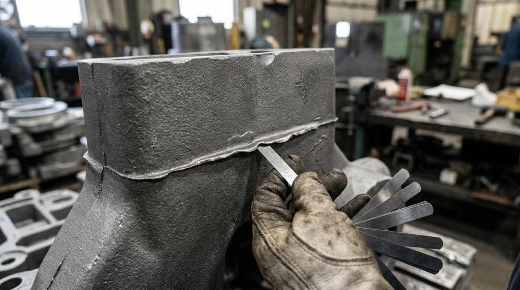 Inspector measuring parting line flash on a sand casting with a feeler gauge, showing the irregular seam characteristic of sand casting identification