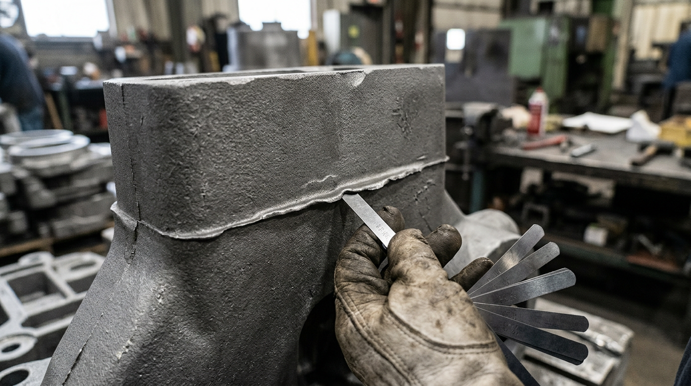 How to Tell If a Part Is Sand Cast 1 Inspector measuring parting line flash on a sand casting with a feeler gauge, showing the irregular seam characteristic of sand casting identification