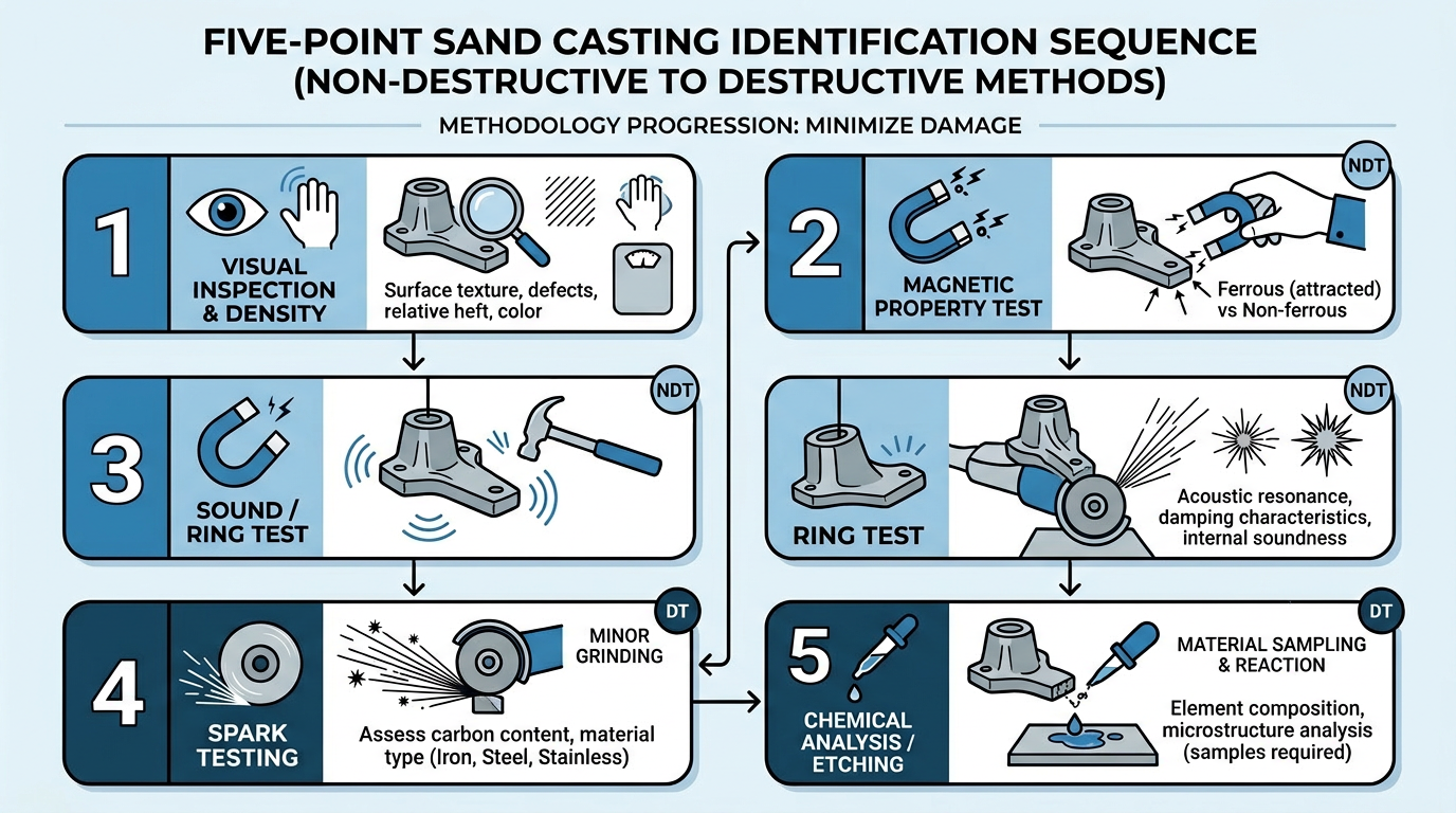 How to Tell If a Part Is Sand Cast 3 Five-point sand casting identification checklist diagram showing the inspection sequence from parting line to microstructure analysis