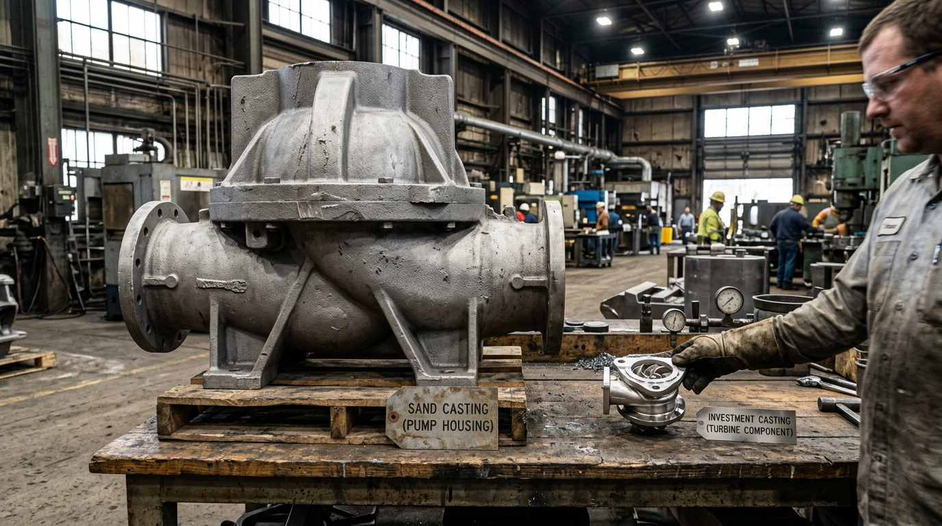 Small investment casting part next to large sand casting showing the weight and size difference between investment casting vs sand casting processes