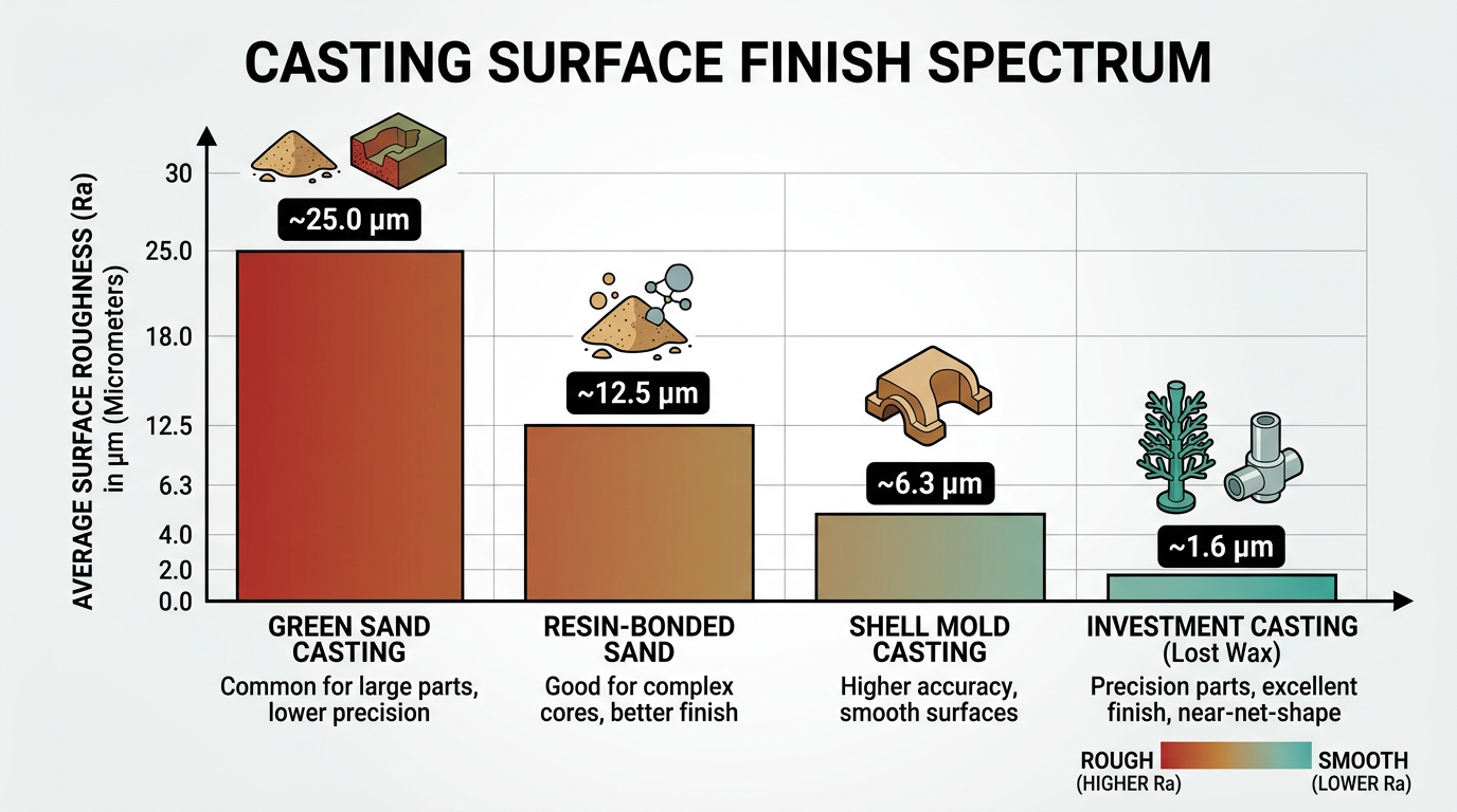 Surface finish comparison diagram showing Ra values for green sand, resin-bonded, shell mold, and investment casting methods