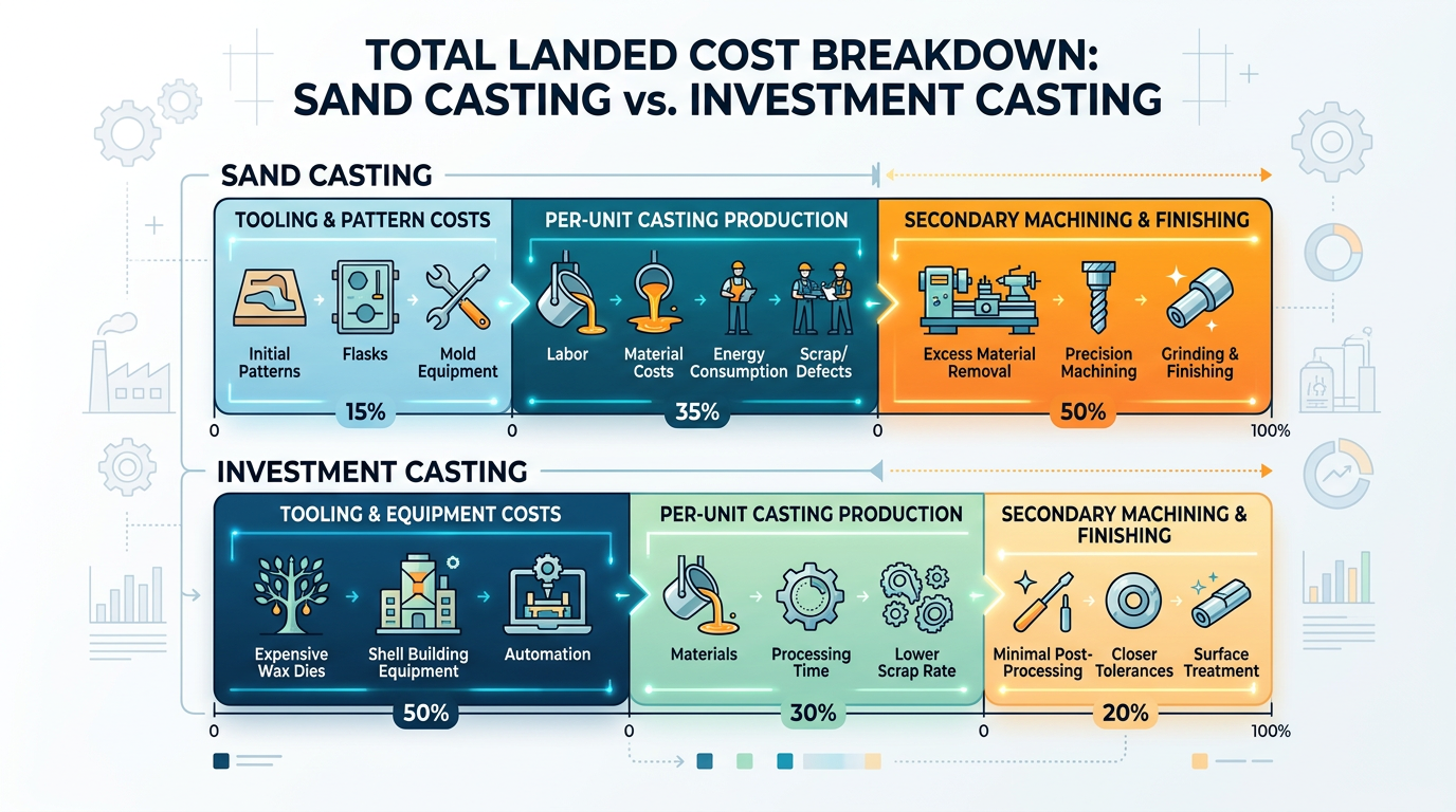 Total cost comparison diagram breaking down tooling, casting, and machining costs for investment casting vs sand casting