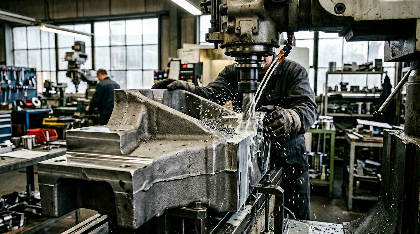 CNC machine cutting precision surfaces on a sand casting, demonstrating the investment casting vs sand casting hybrid machining approach