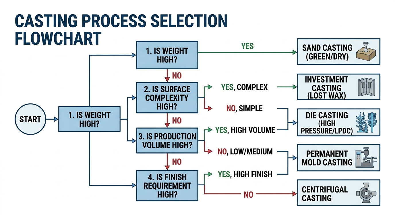 Four-question decision flowchart for choosing between investment casting vs sand casting based on weight, tolerances, volume, and finish needs