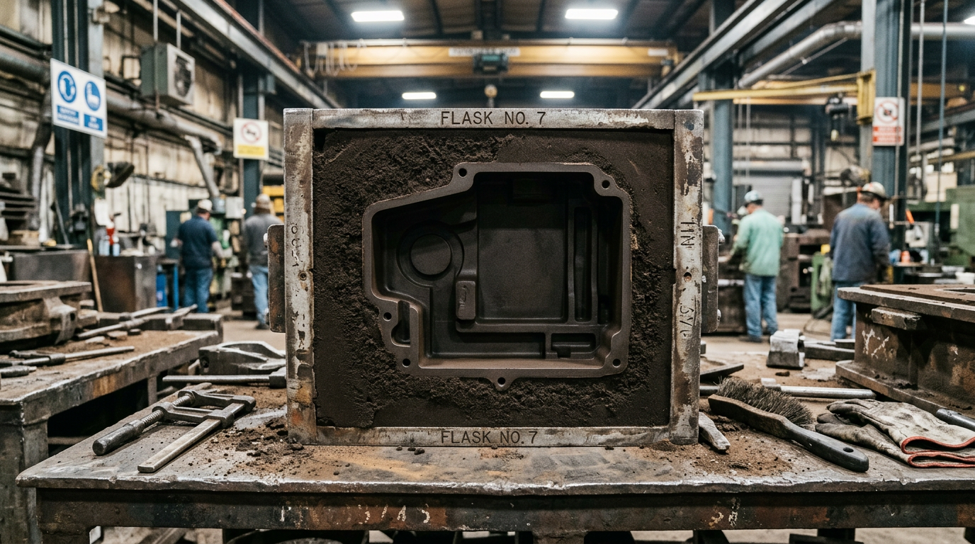 Cured no-bake sand casting mold showing rigid brick-like structure that gives no-bake its dimensional advantage over green sand casting