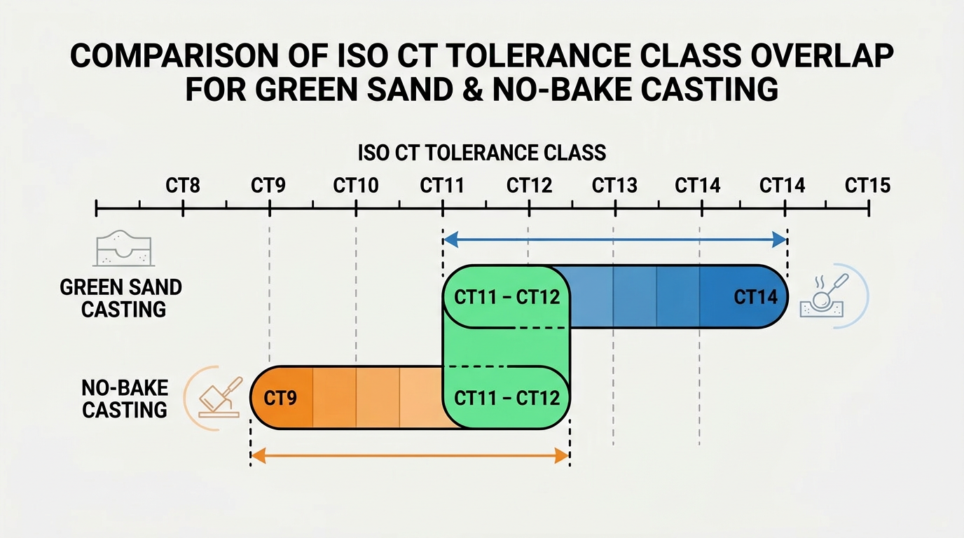 Diagram showing ISO casting tolerance class overlap between green sand CT11-CT14 and no-bake CT9-CT12 ranges