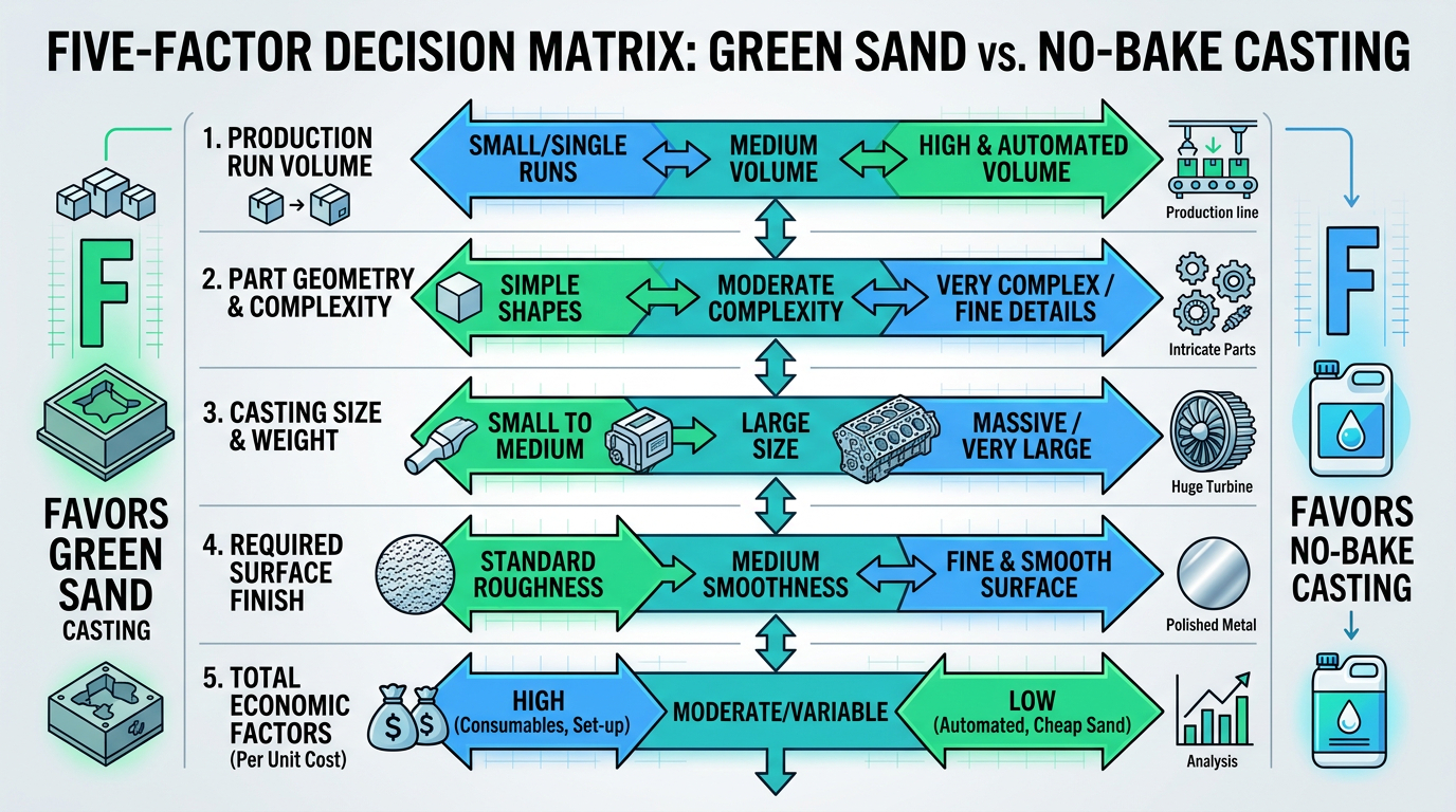 Five-factor decision matrix diagram for choosing between no-bake vs green sand casting based on volume, weight, tolerance, surfaces, and alloy