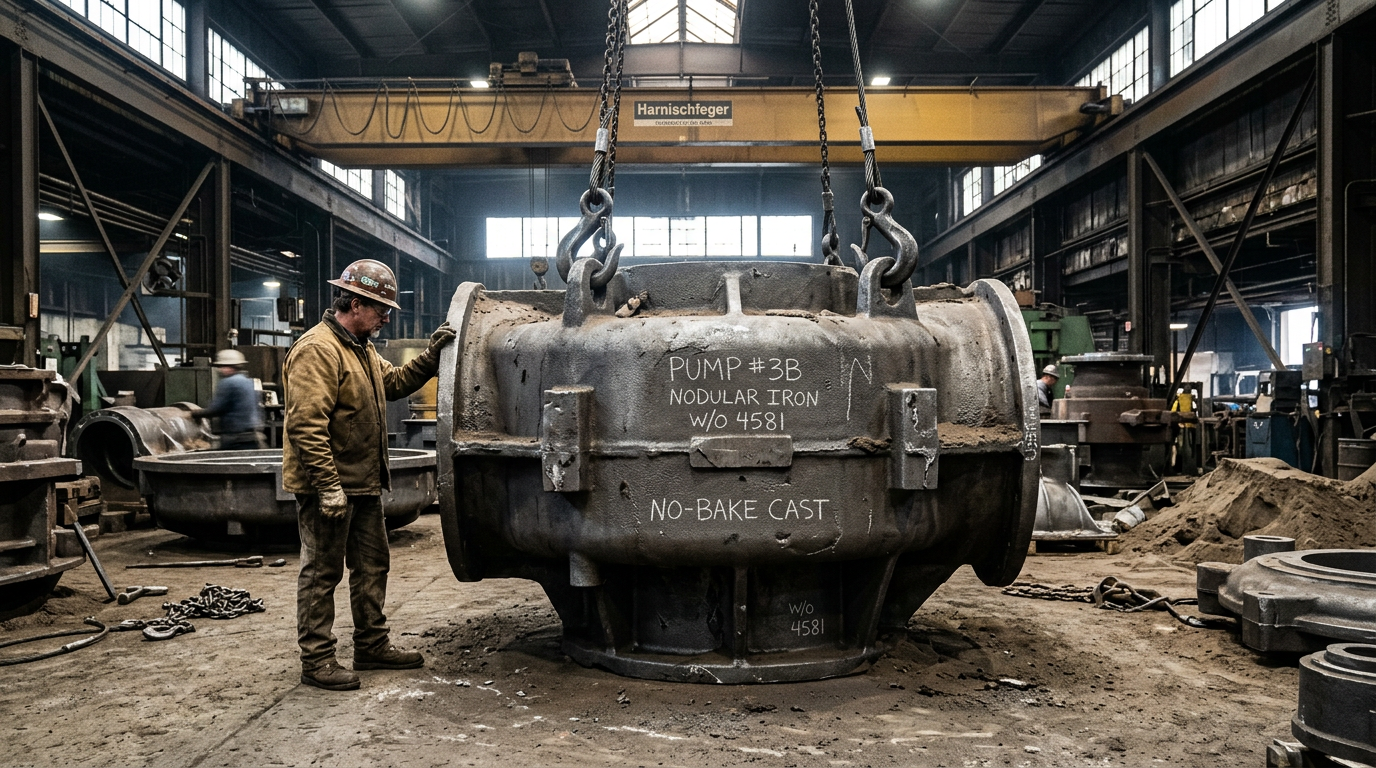 Large pump housing sand casting on foundry floor demonstrating when no-bake casting outperforms green sand for heavy parts