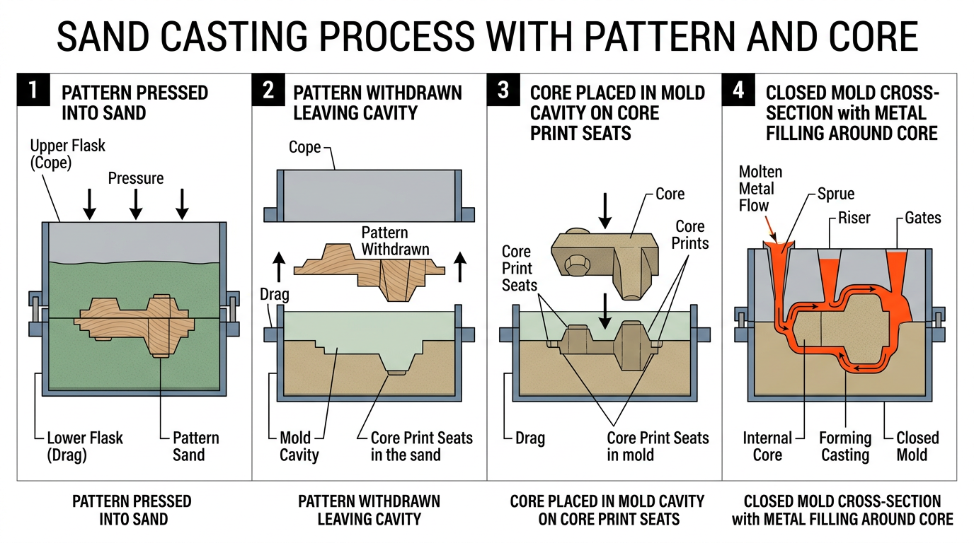Diagram showing pattern vs core workflow in sand casting from mold creation to metal pour