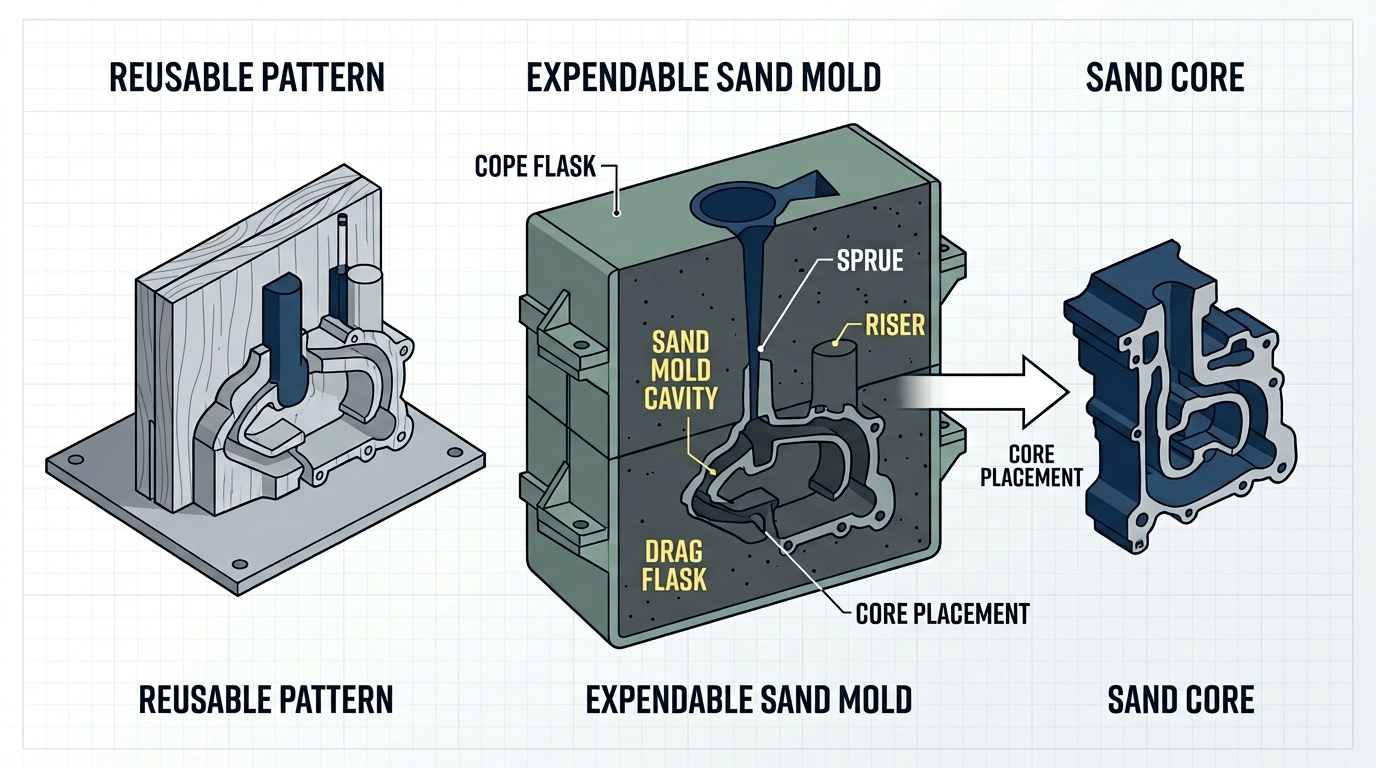 Pattern core and mold comparison diagram showing three distinct tools in sand casting