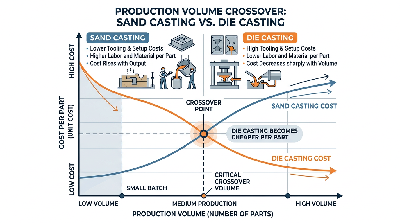 Is Sand Casting Cheaper Than Die Casting? A Total Cost Breakdown 1 Cost crossover diagram showing where sand casting is cheaper than die casting based on production volume and total landed cost