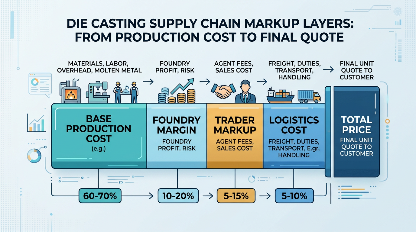 Is Sand Casting Cheaper Than Die Casting? A Total Cost Breakdown 3 Die casting supply chain cost markup diagram showing how base production cost nearly triples by the time it reaches the final quote