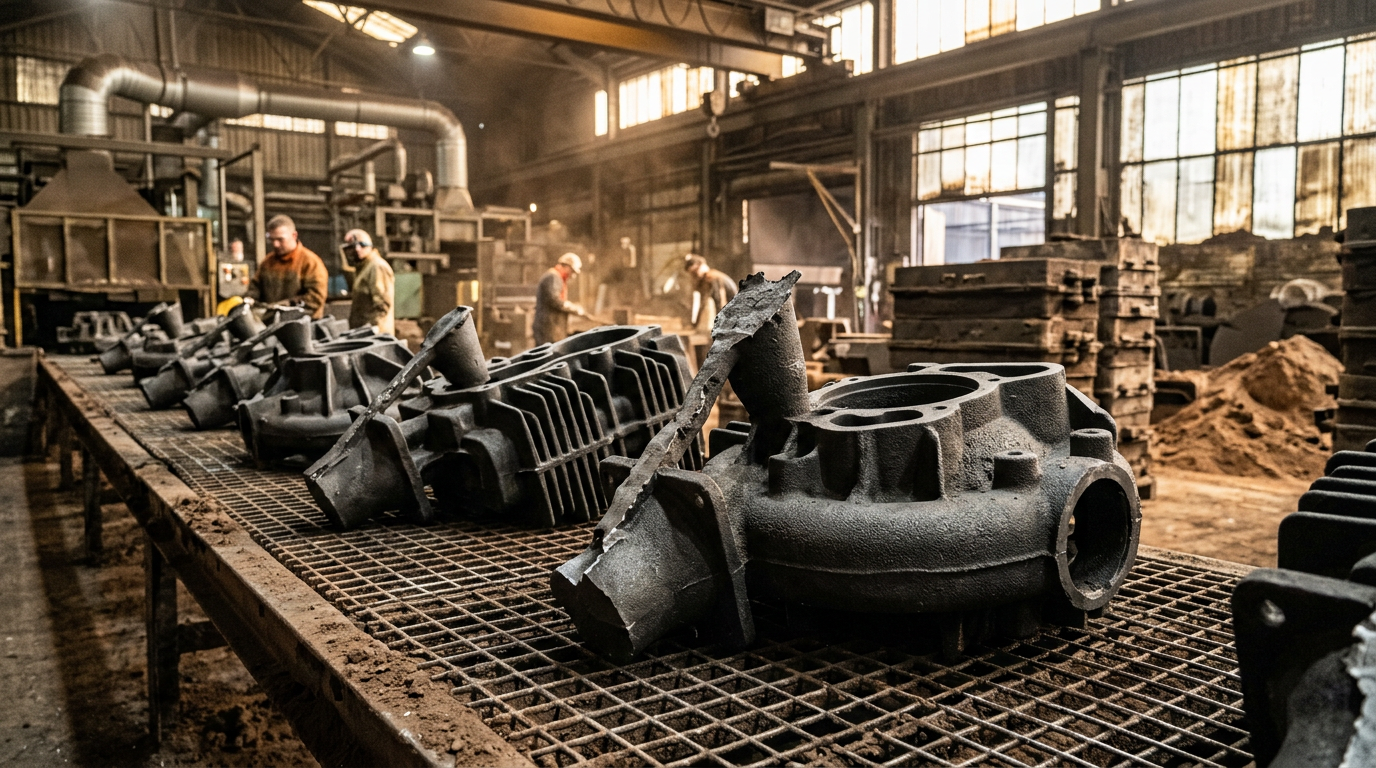 Is Sand Casting Cheaper Than Die Casting? A Total Cost Breakdown 4 Freshly cast ductile iron sand castings on a cooling line, representing applications where sand casting is the only option because die casting cannot process ferrous alloys