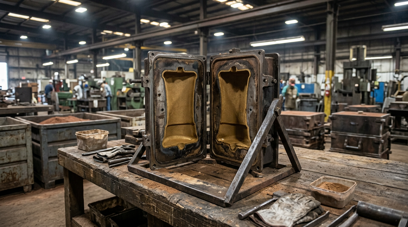 Shell core inside a heated core box used in sand casting core making, showing the thin rigid sand shell formed by resin-coated sand