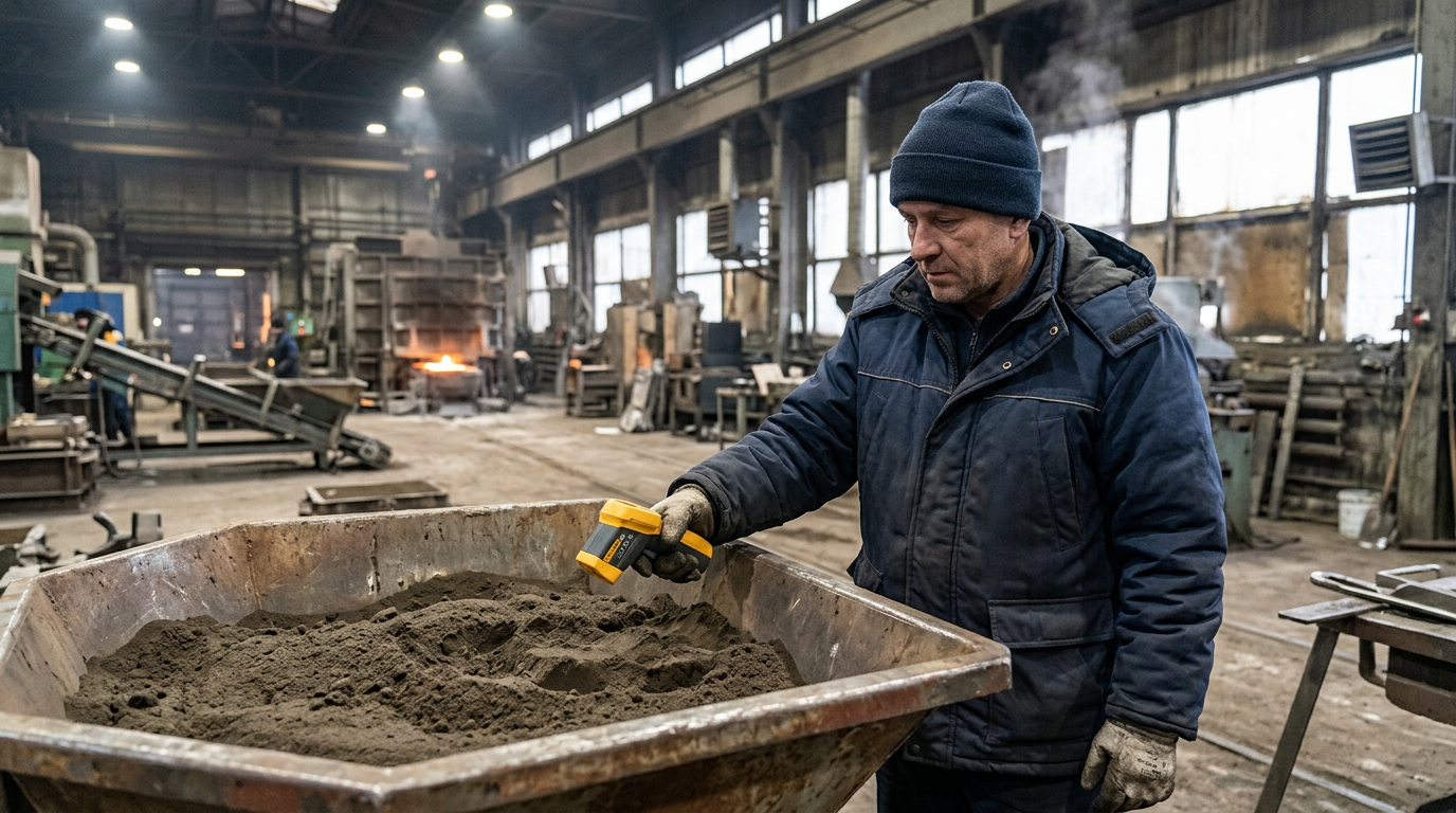 Foundry technician measuring sand temperature with an infrared thermometer, a critical step in sand casting core making with PUCB binders