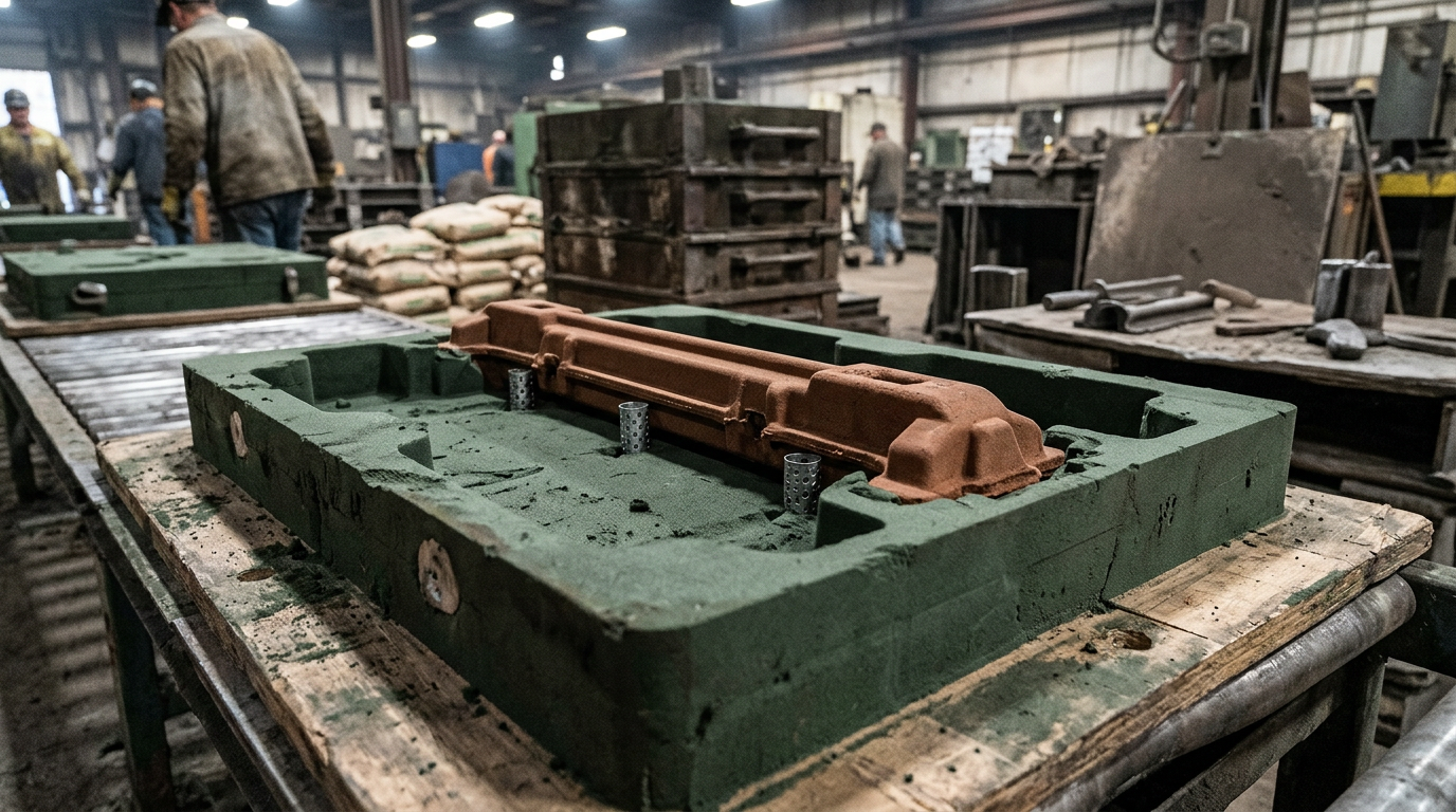 Sand core seated in core prints within a mold half, with chaplets providing secondary support for sand casting core making