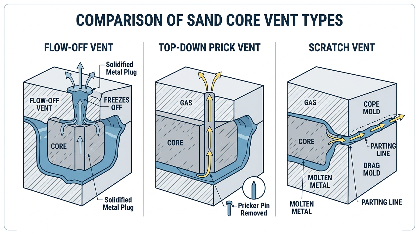 Diagram comparing three sand casting core vent types: flow-off, top-down, and scratch vents with gas escape paths illustrated