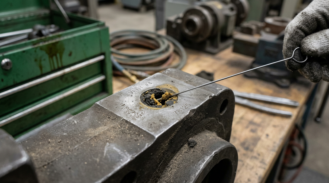Close-up of a partially blocked vent channel in a core box, showing sand and binder buildup that causes hidden defects in sand casting core making