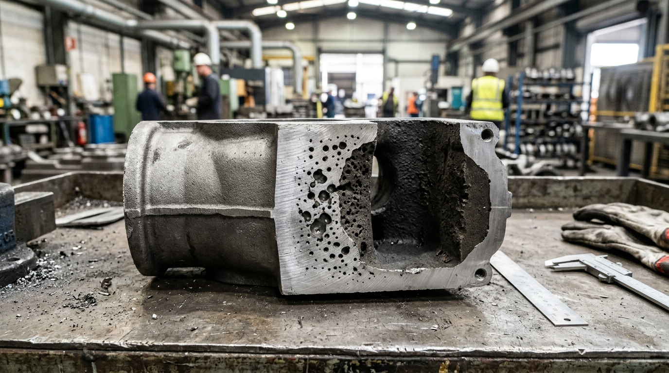 Cross-section of a casting showing blowhole porosity near the core interface, a common defect traced to excess binder in sand casting core making