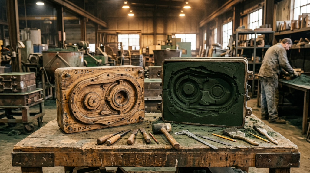 Wooden sand casting pattern on a foundry workbench next to the sand mold it produces, representing the longest phase of sand casting lead time