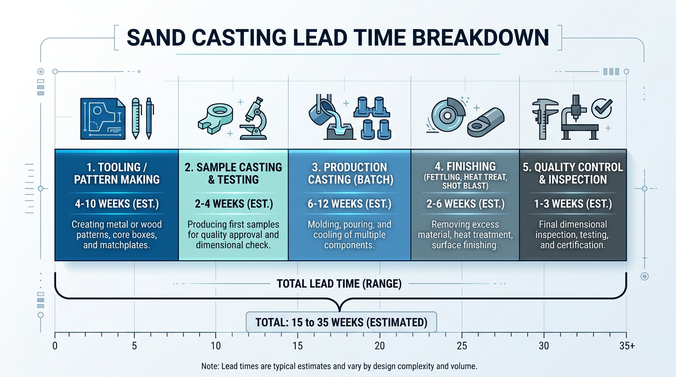 Sand Casting Lead Times: Complete Project-Phase Timeline 2 Sand casting lead time diagram showing five production phases from tooling through QC with working day ranges for each