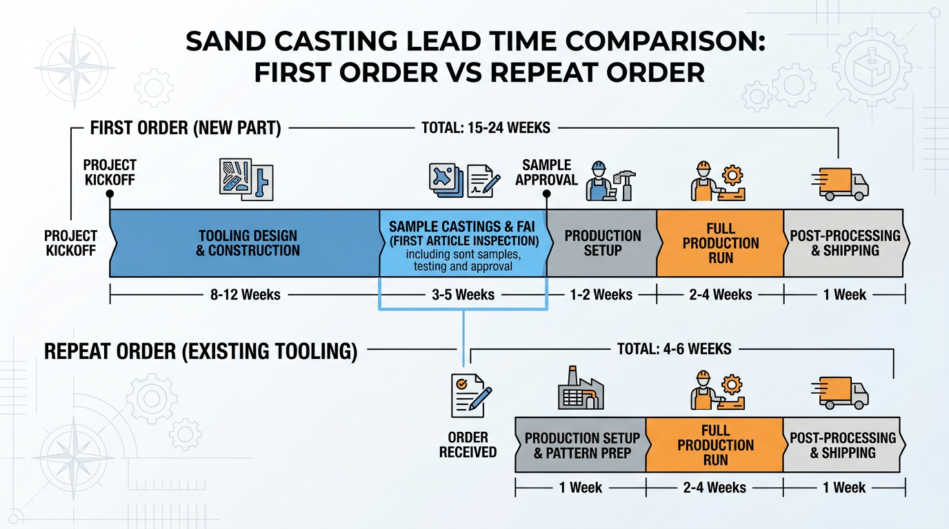 Sand Casting Lead Times: Complete Project-Phase Timeline 3 Comparison diagram of first-order versus repeat-order sand casting lead time showing the tooling phase that doubles first-order timelines