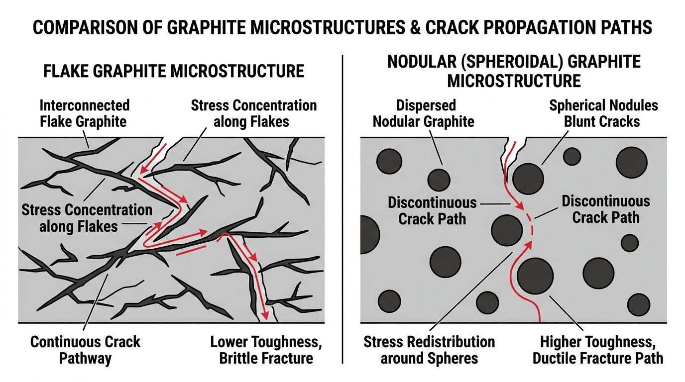 Diagram comparing flake graphite in gray iron versus nodular graphite in ductile iron, showing how graphite shape affects sand casting material properties