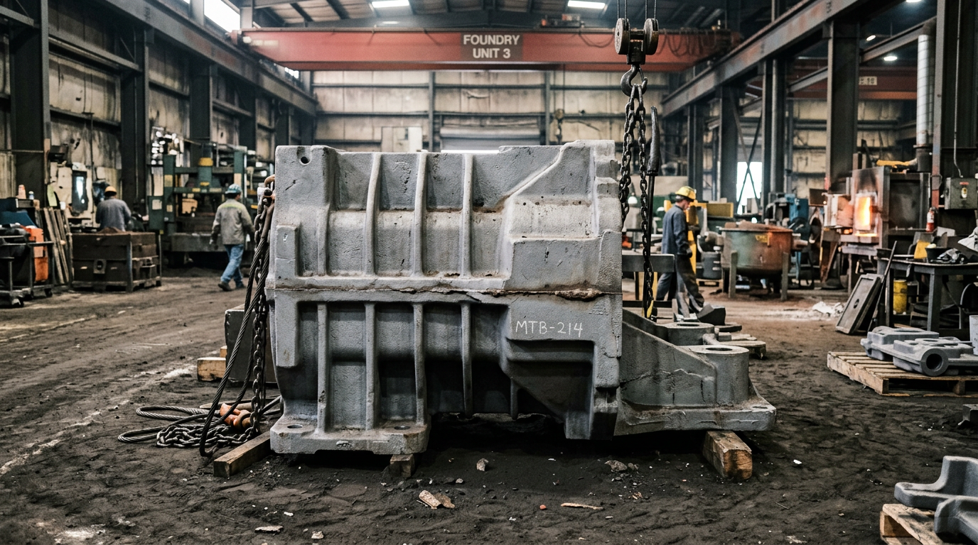 Gray iron machine tool base casting showing heavy ribbed structure typical of compressive-loading sand casting materials