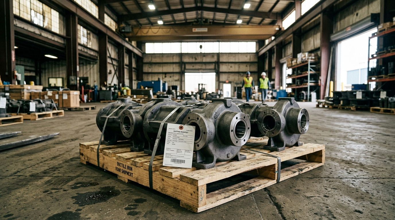 Ductile iron sand castings with machined surfaces on shipping pallet, demonstrating as-cast capability of this sand casting material