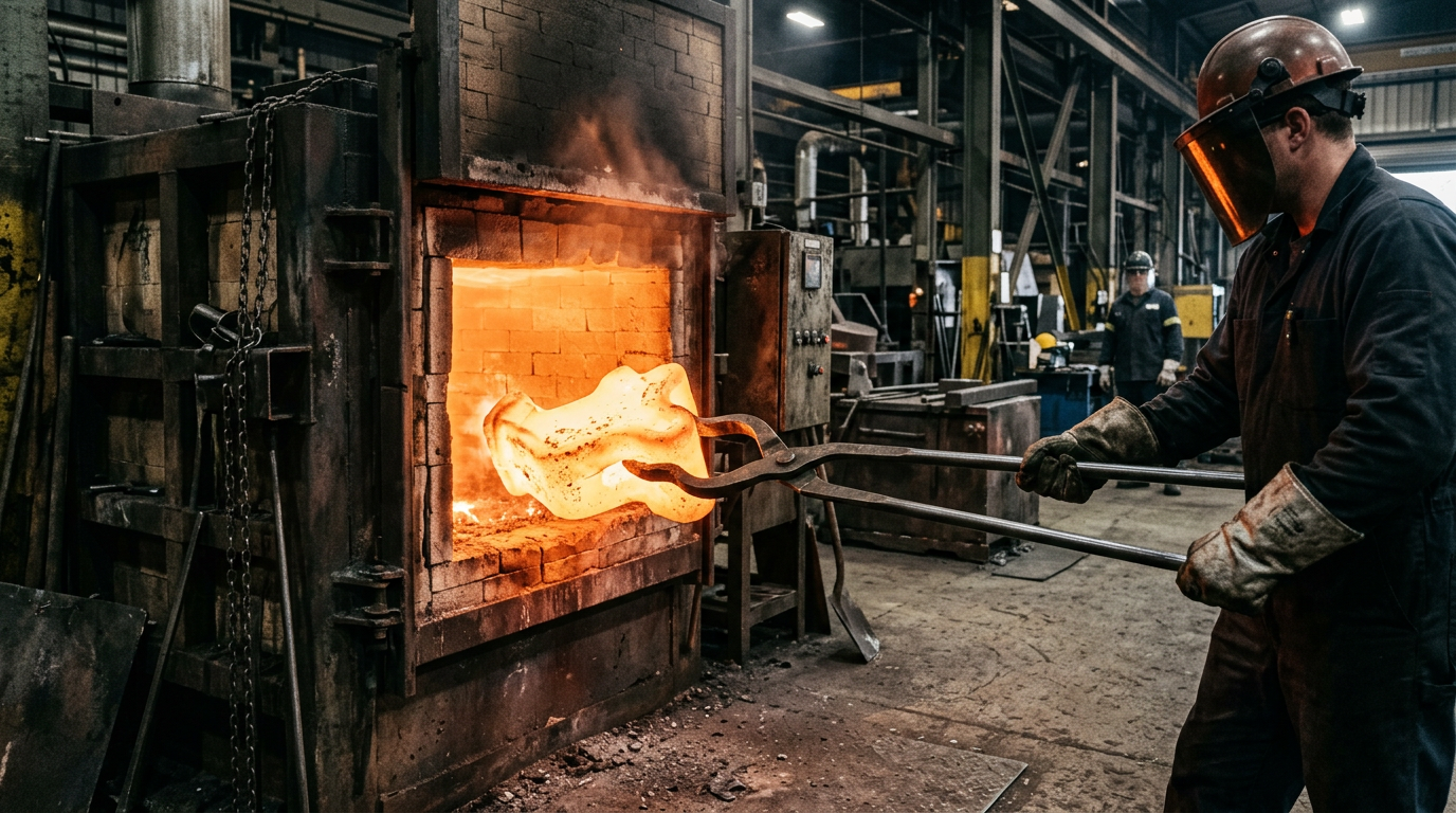 Carbon steel casting entering heat treatment furnace, a mandatory step for ASTM A216 sand casting materials