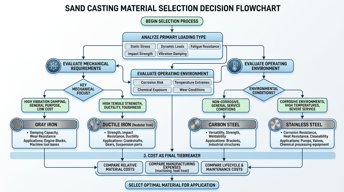 Sand casting material selection flowchart showing decision path from loading type through environment to cost for choosing the right alloy