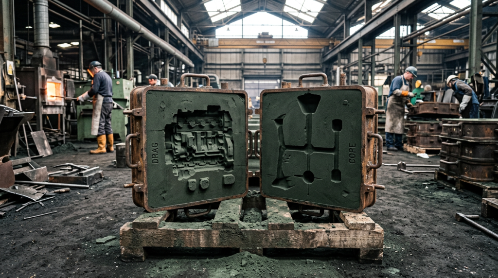 Green sand casting mold split into cope and drag halves showing cavity impression in dark bonded sand